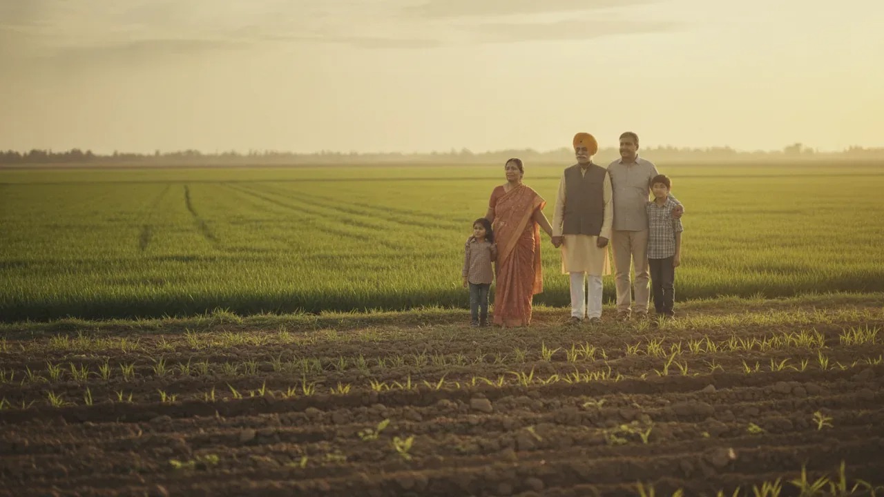 Indian family standing in a field at sunset