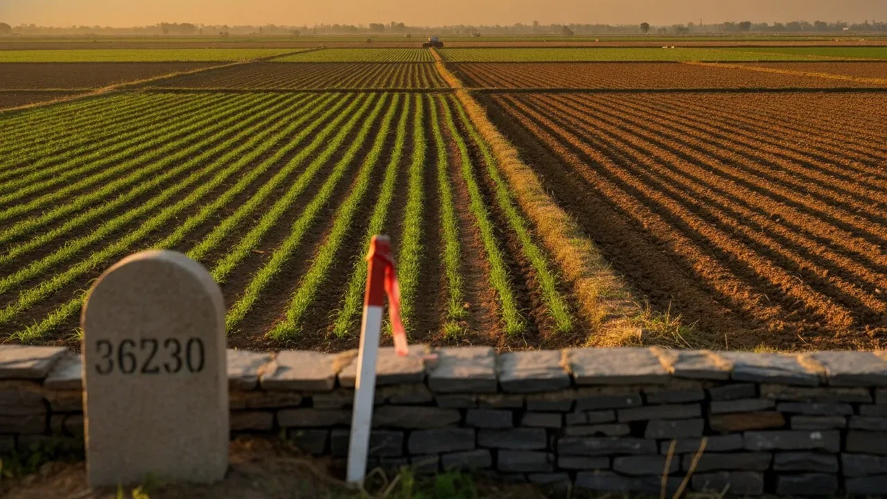 Survey marker and stake by a farm field