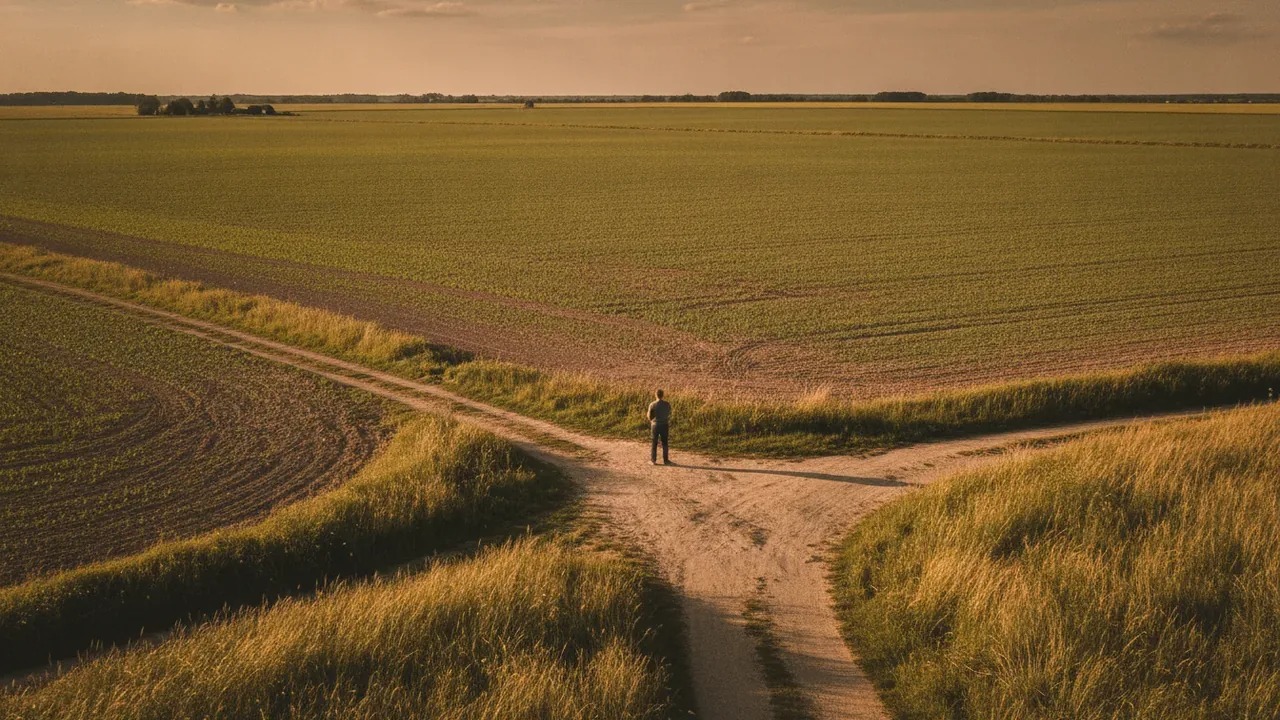 Person at a fork in a path through farm fields