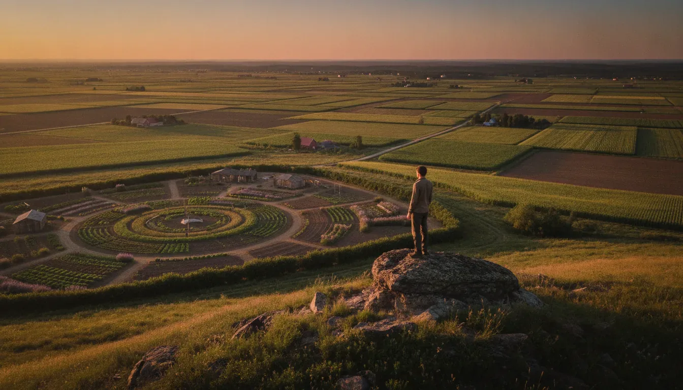 Person on rock overlooking circular themed farmland