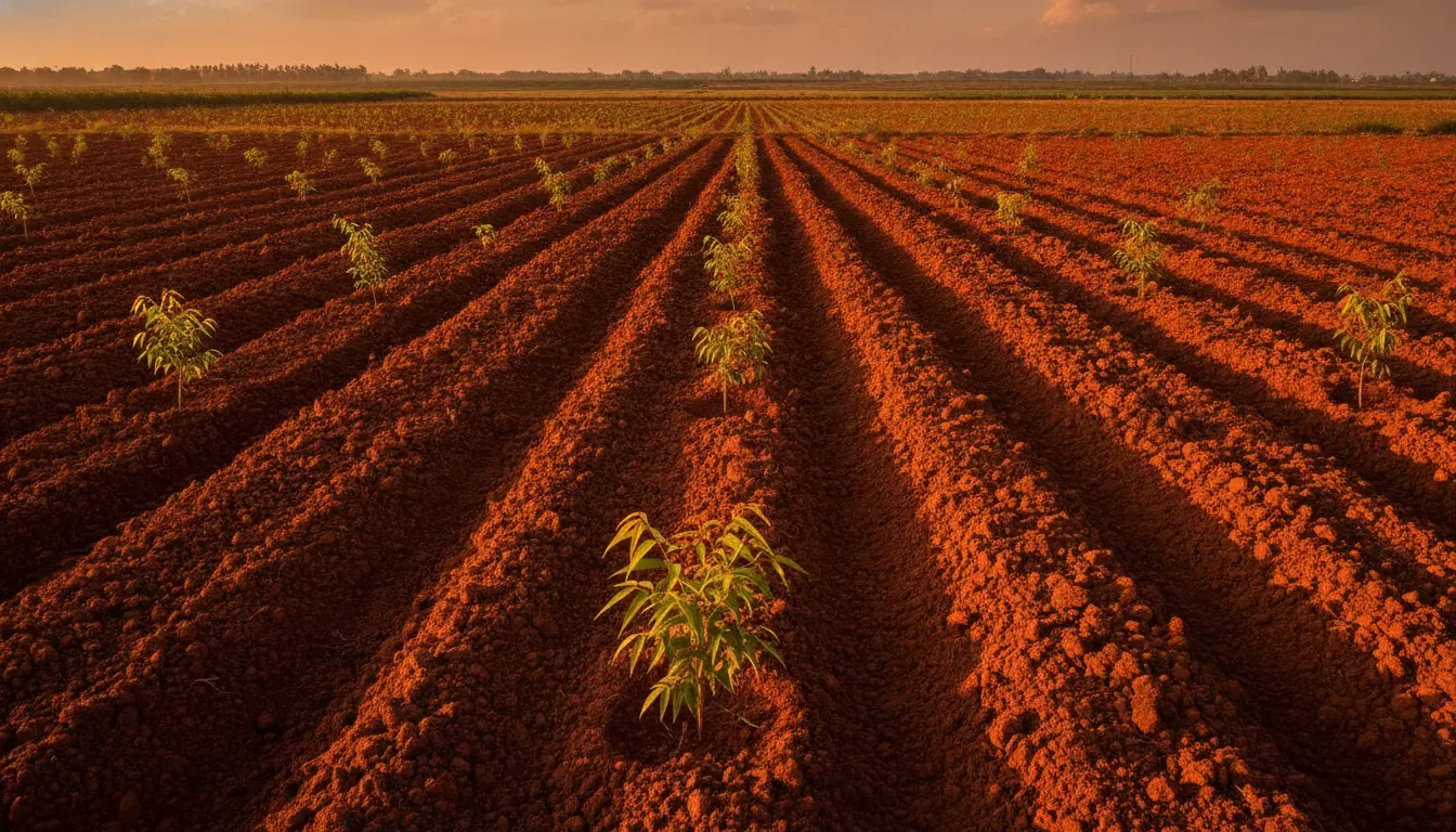 Young sandalwood saplings planted in rows on a farm