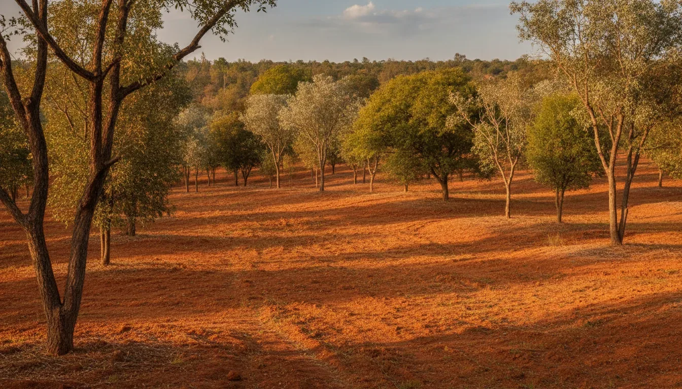**Alt text:** > Hasiru sandalwood plantation with mature trees growing across a dry field
