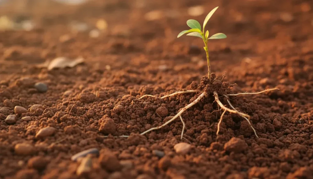 Young sandalwood sapling with exposed roots growing in farm soil