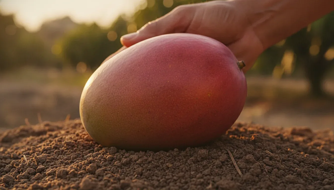 Large ripe mango growing on a mango tree in a farm