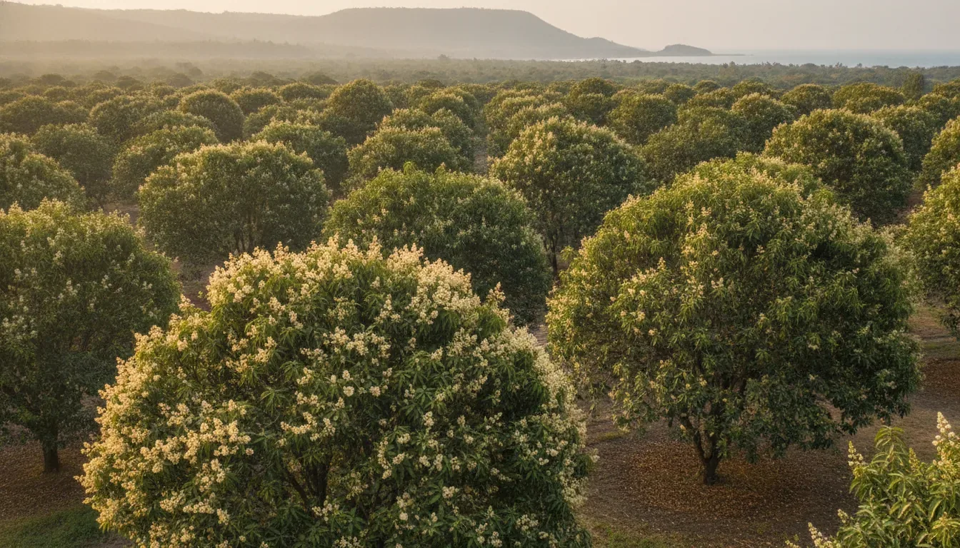 Alphonso mango orchard with trees in bloom