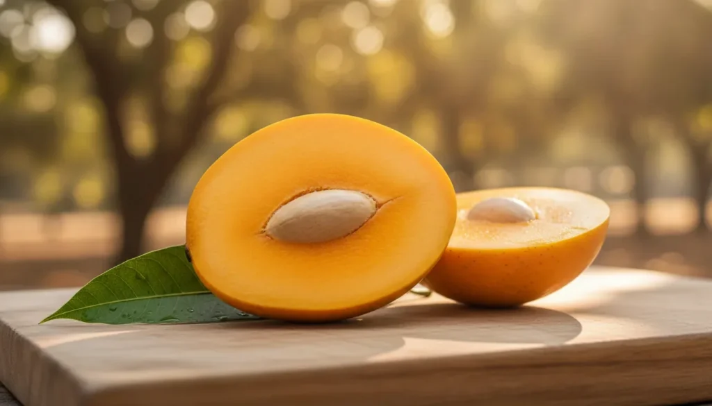 Ripe Alphonso mango halves with a large seed and mango leaf