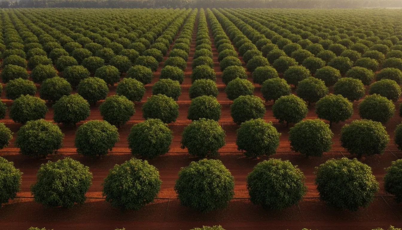 Mango trees planted in closely spaced rows across a farm