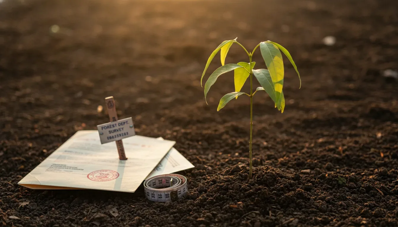 Sandalwood sapling growing beside forest department survey documents