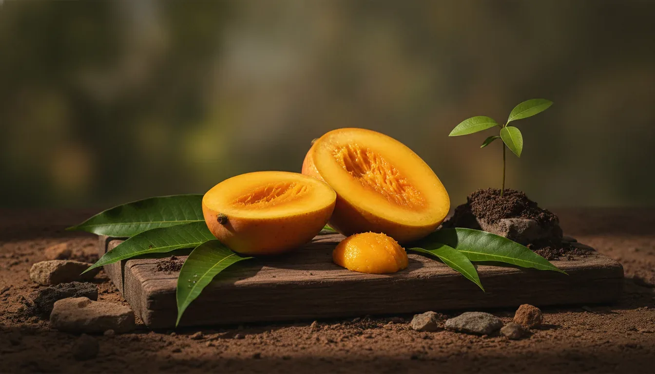 Ripe Kesar mango cut open beside a young mango plant