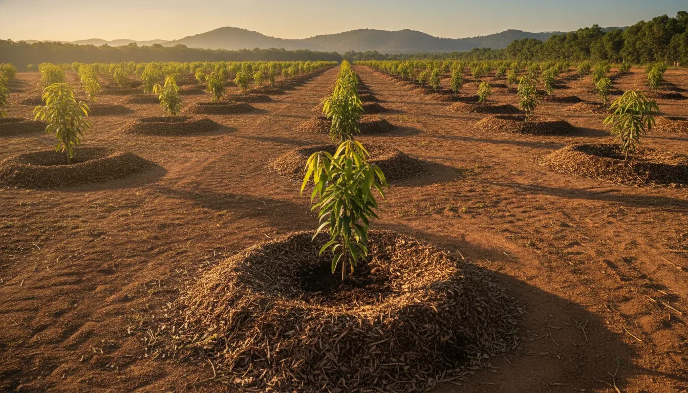 Young mango trees planted in rows across a farm