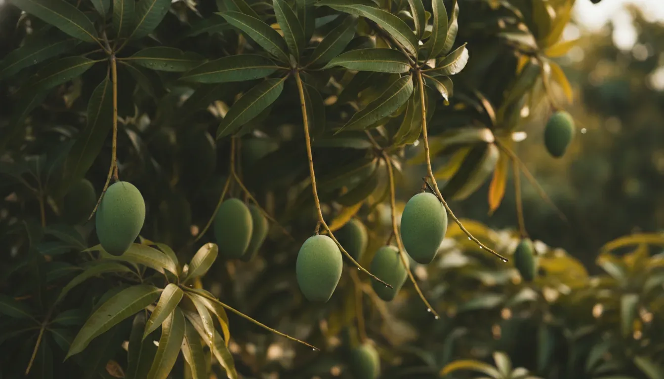 Ripe and unripe mangoes growing on a mango tree in India