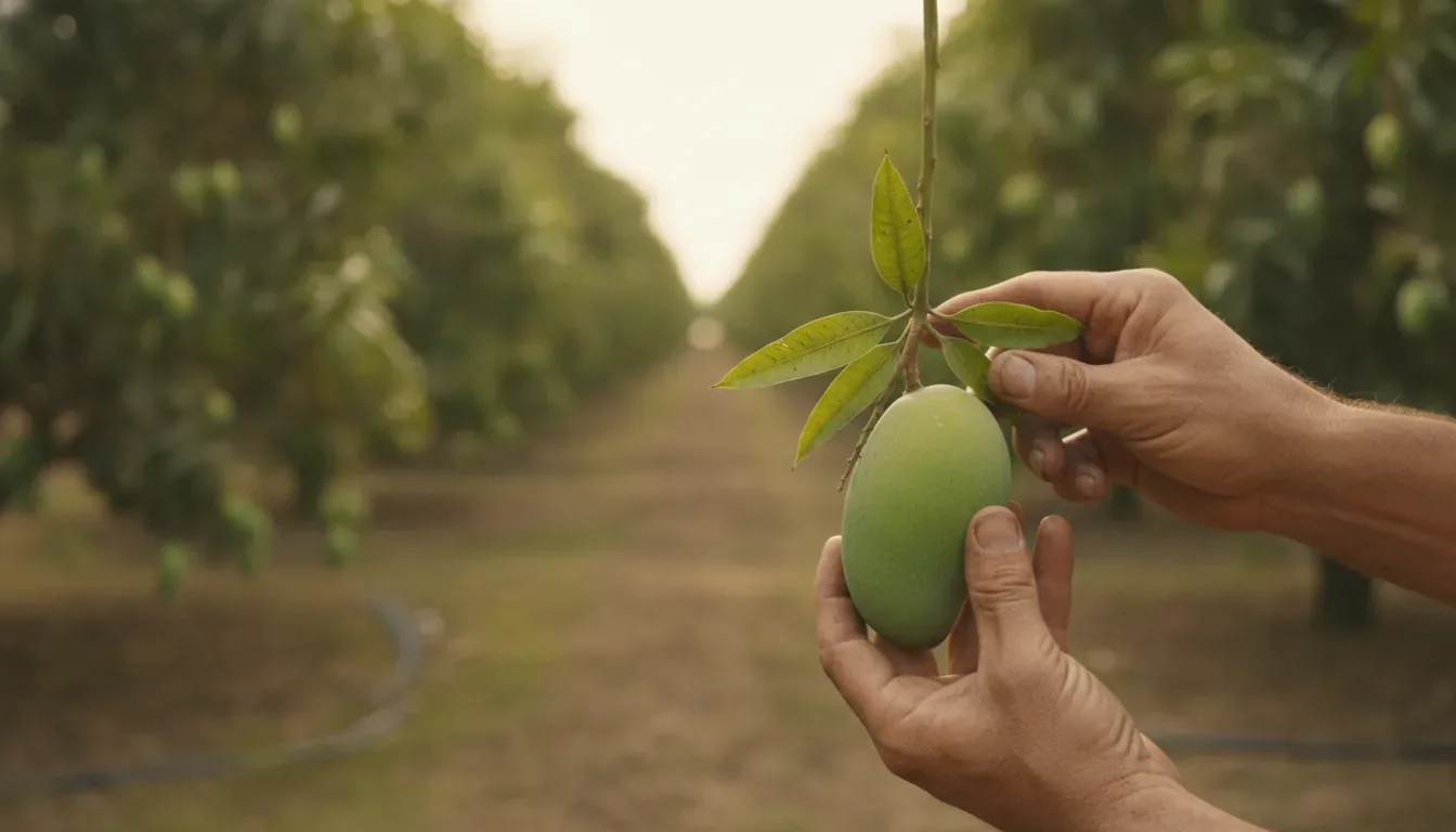 Farmer inspecting a green mango growing on a mango tree