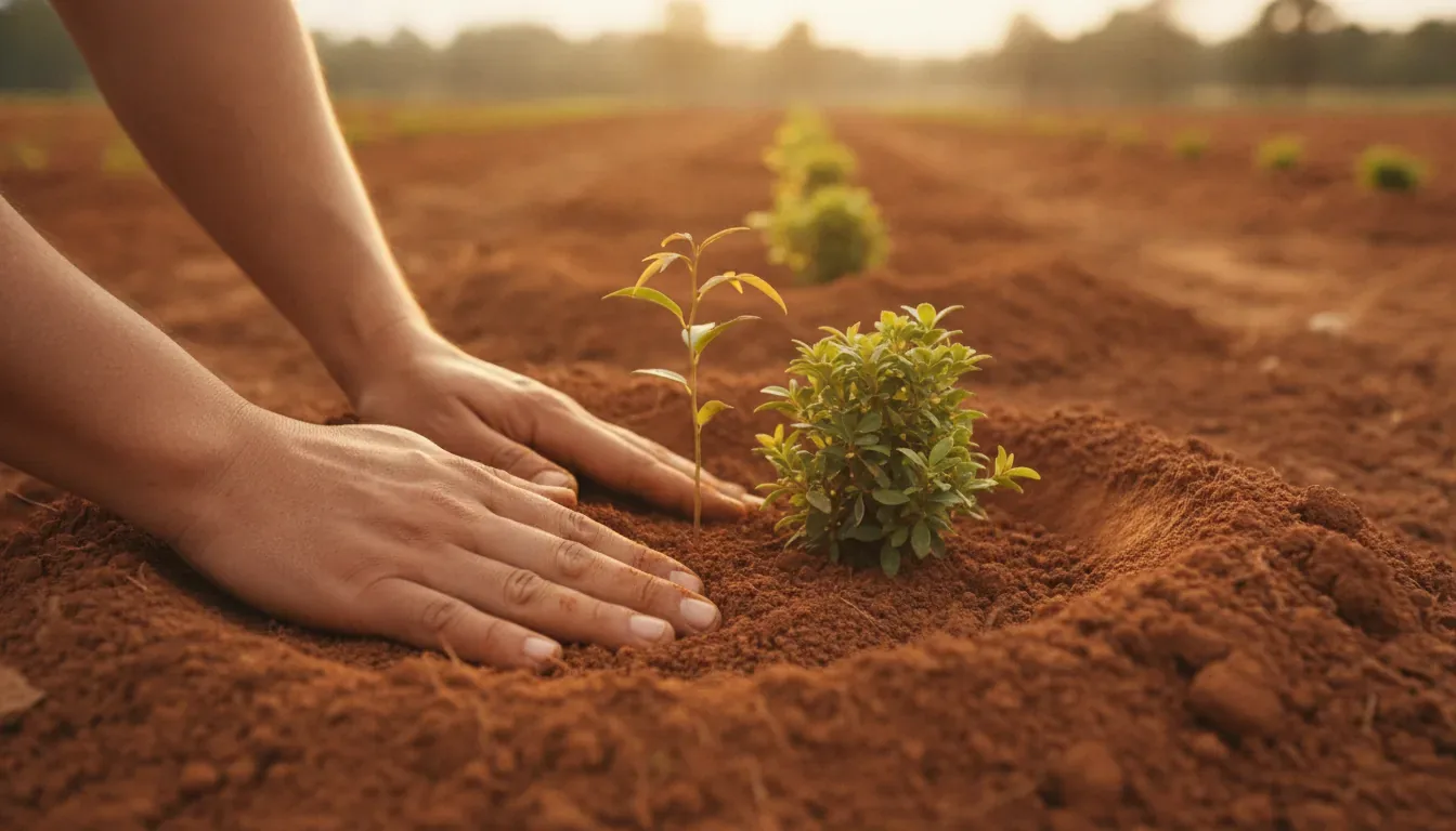 Hands planting a young sandalwood seedling in a cultivated field
