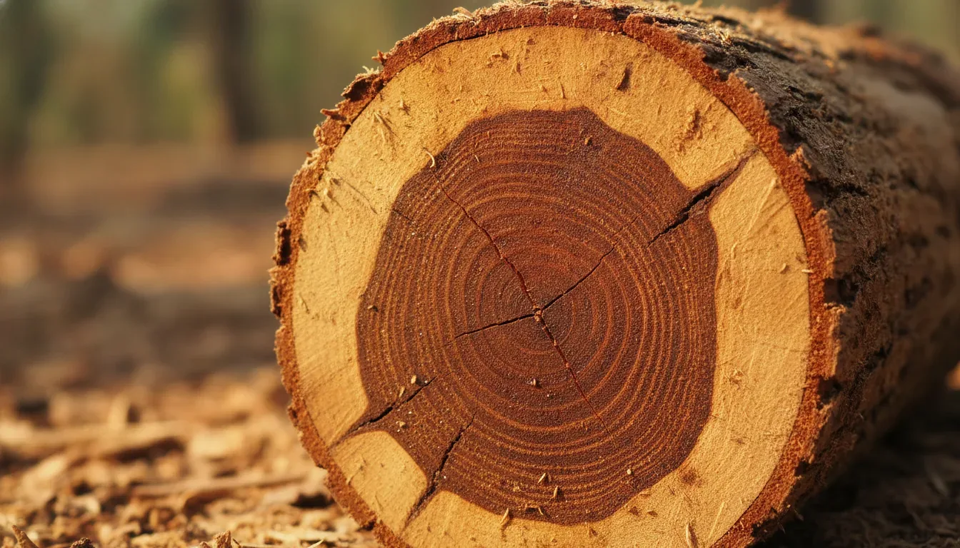 Cross-section of a sandalwood log showing its dark heartwood and growth rings