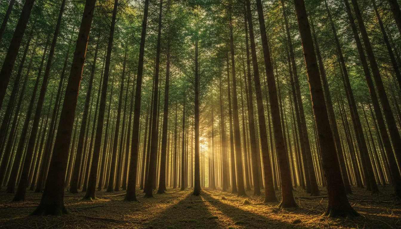 Sunlight filtering through dense forest trees