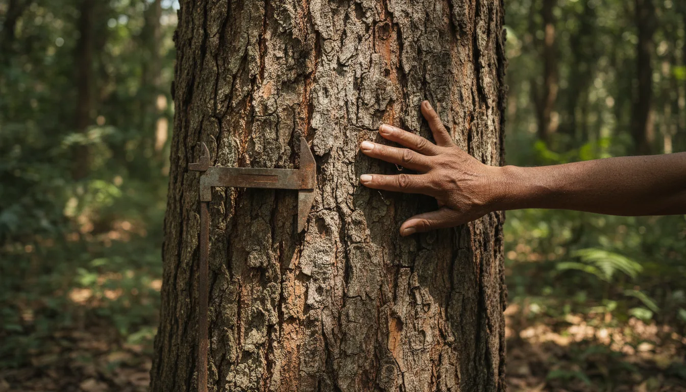 Hand touching tree trunk beside metal tapping tool