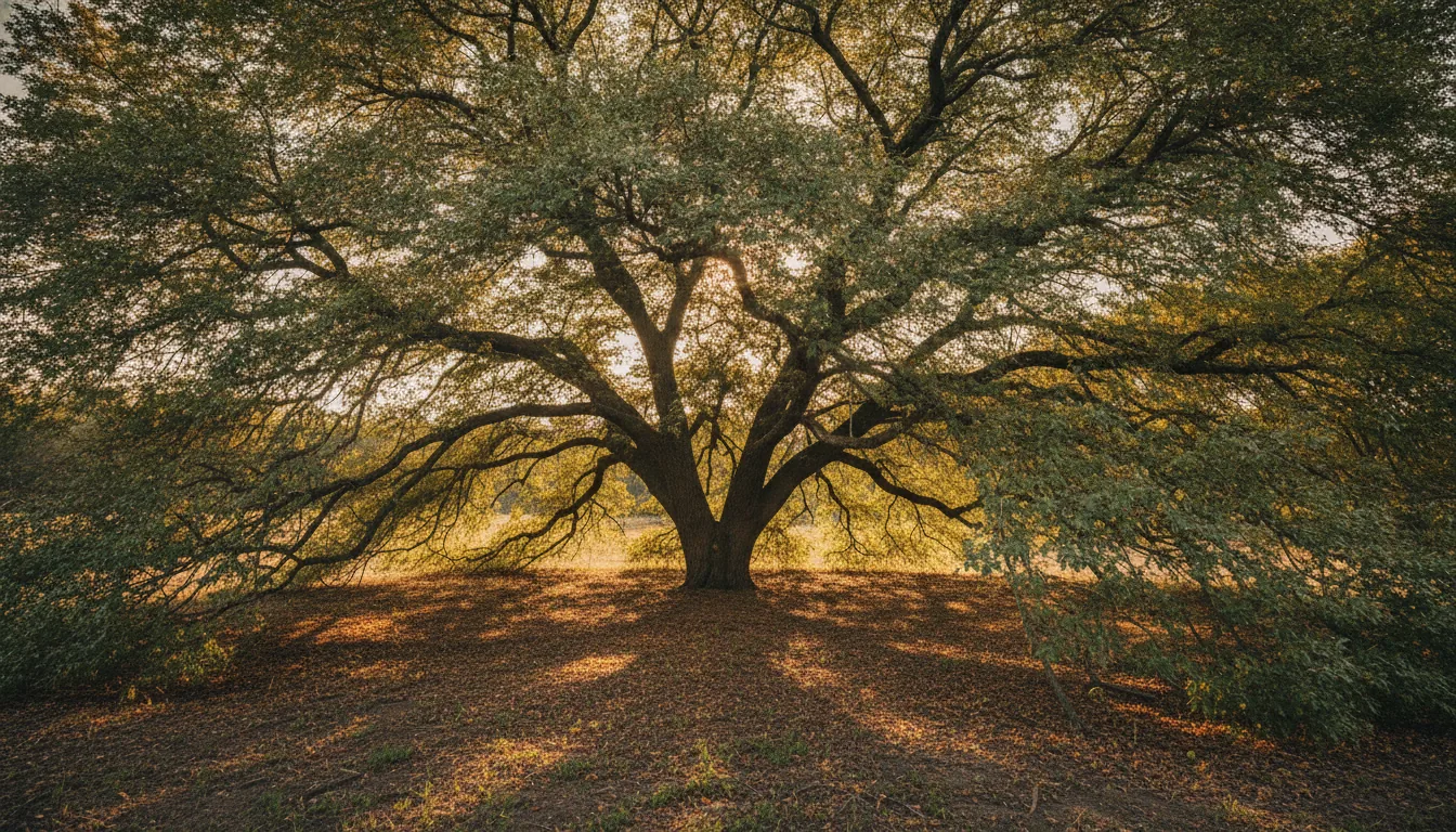 Large spreading tree in sunlit woodland